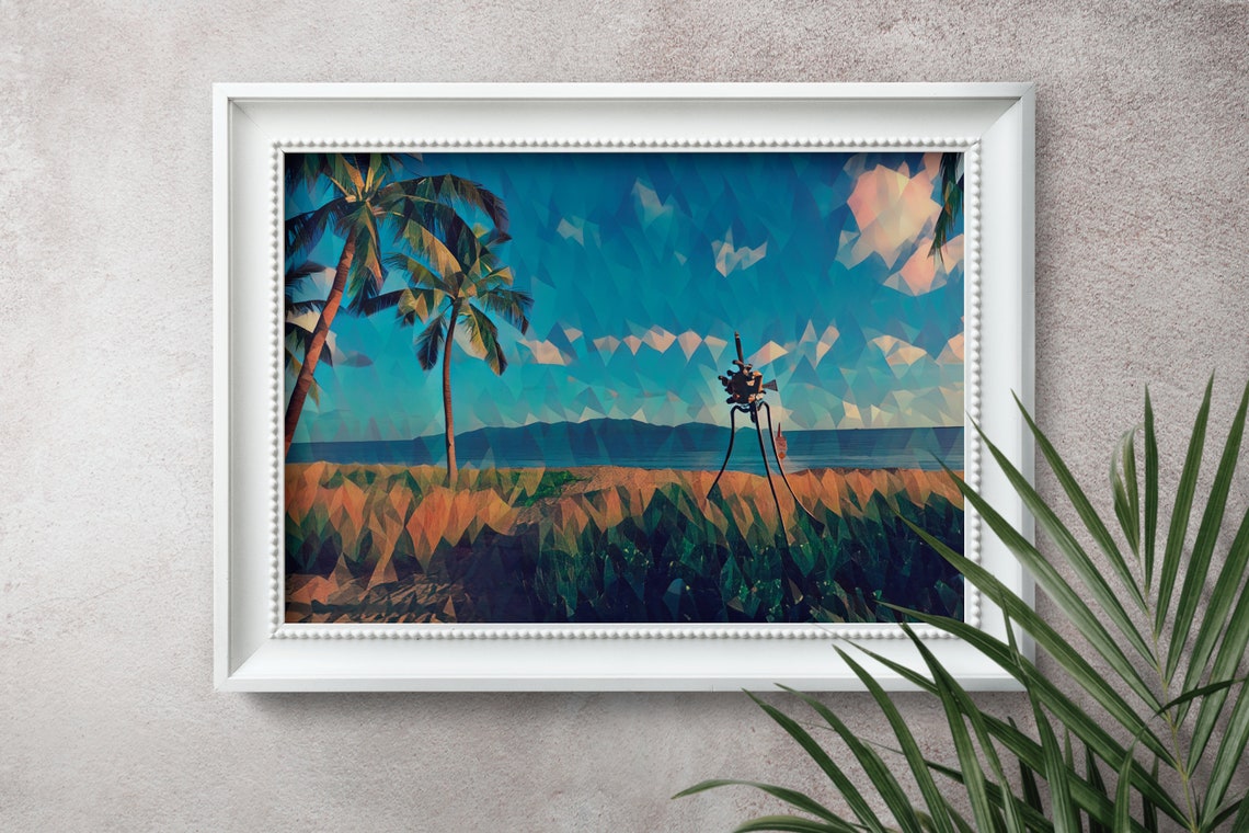 Low Poly Beach Scene with Tiny Robot Palm Trees Island Art Poster - Image 2