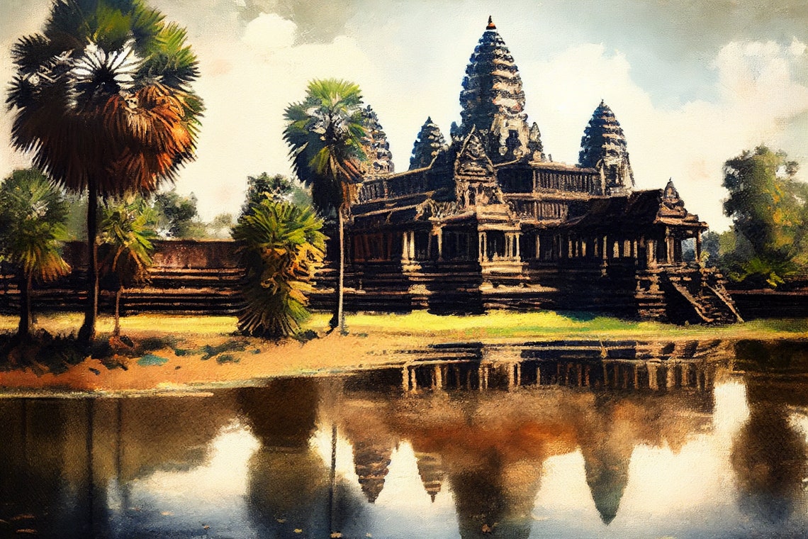 Angkor Wat Temple Reflection Cambodia Landmark Art Painting Poster - Image 2