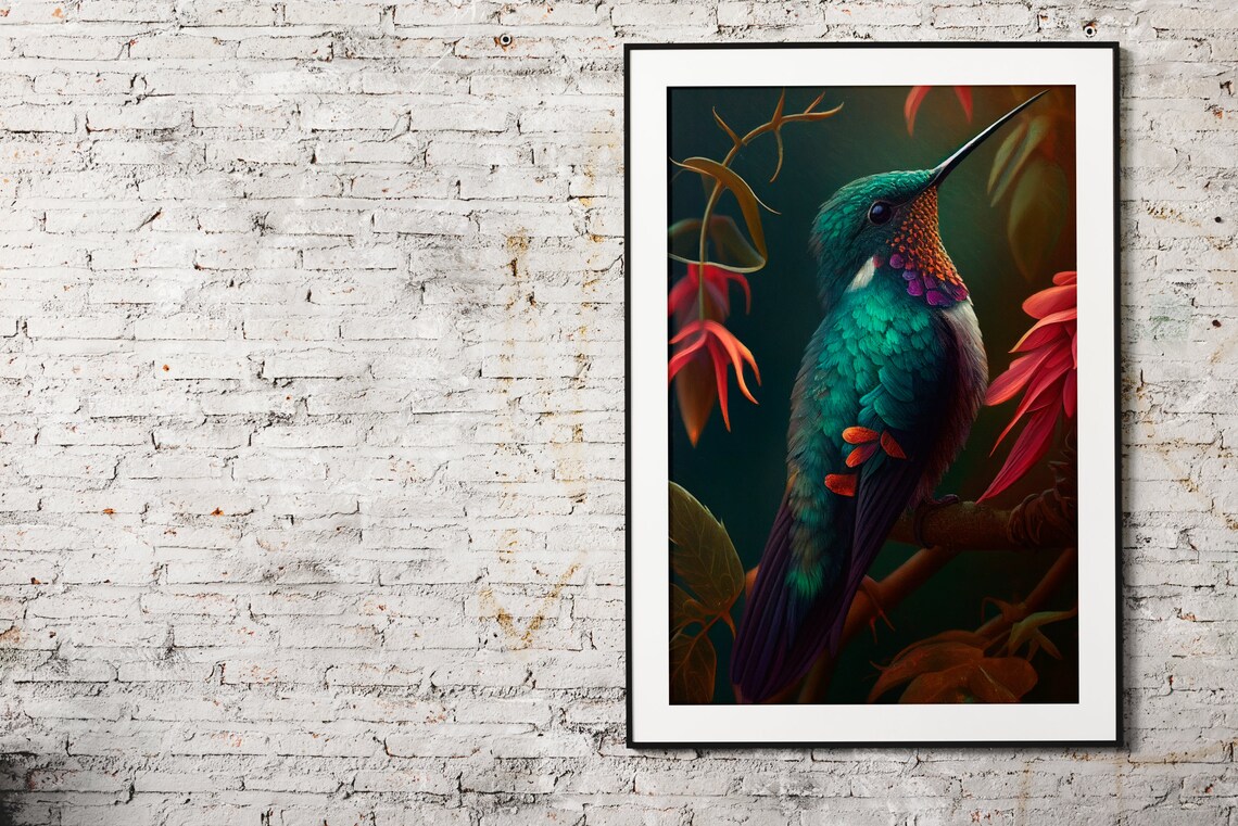 Emerald Hummingbird with Red Flowers Dark Moody Bird Art Poster - Image 3