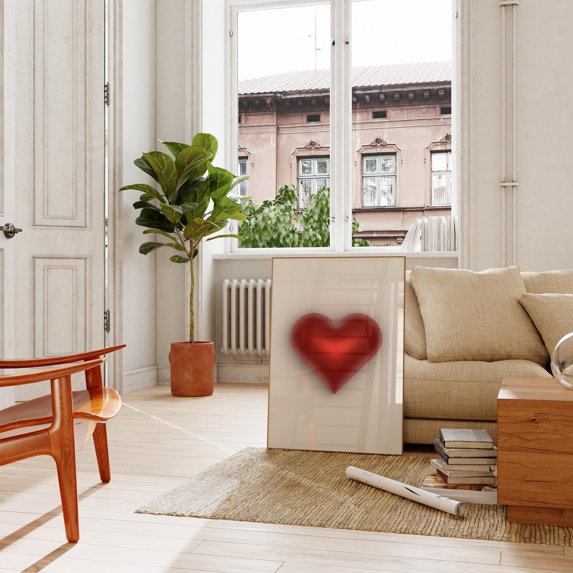 Red 3D Balloon Heart Minimalist White Love Romantic Modern Art Poster - Image 3
