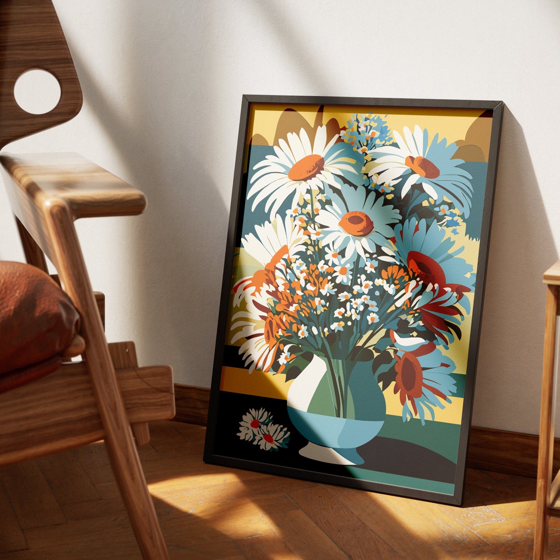 Retro Daisies In A Vase Bold Colorful Floral Illustration Poster - Image 4
