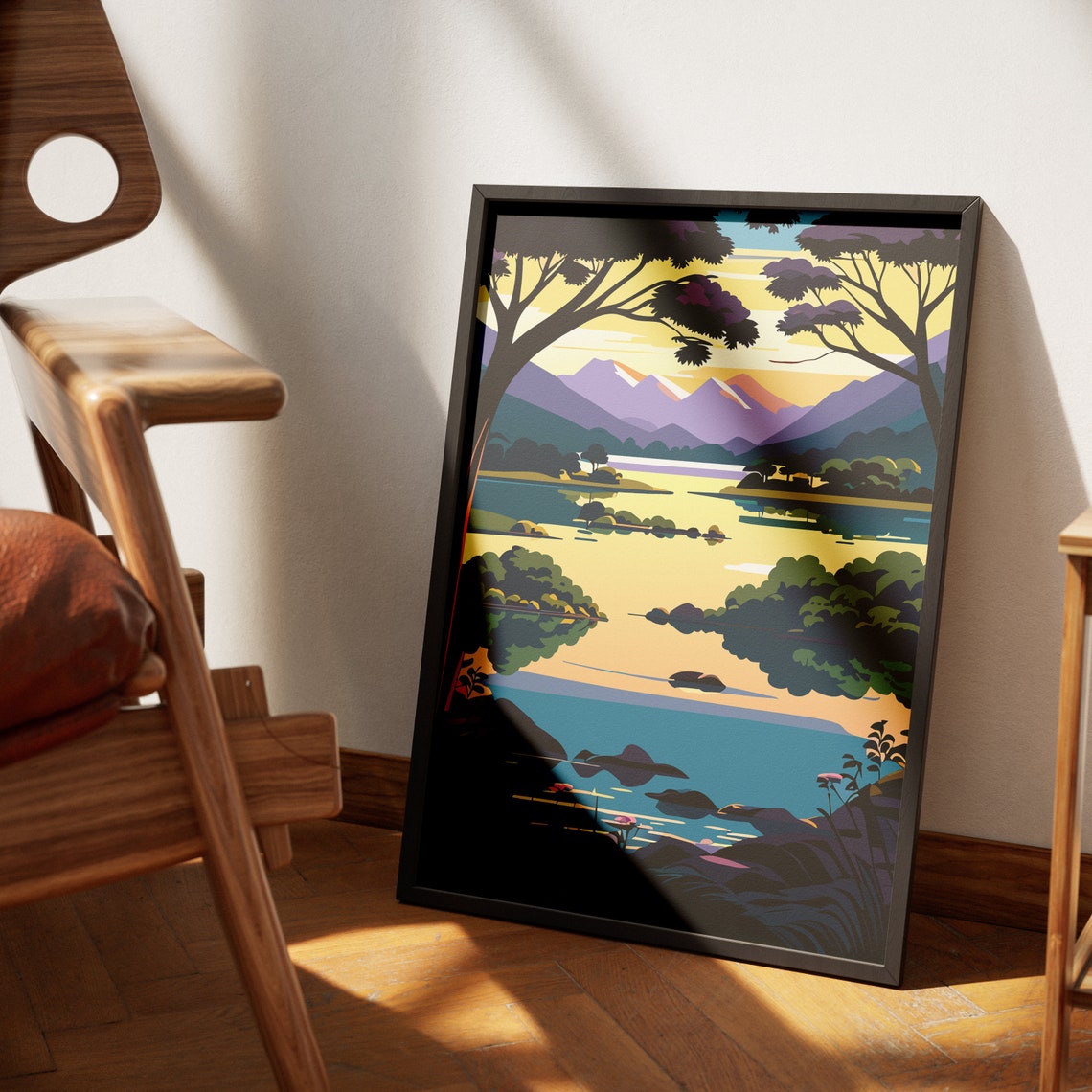 Peaceful Lakeside Sunset Mountains Lake Reflection Art Poster - Image 4