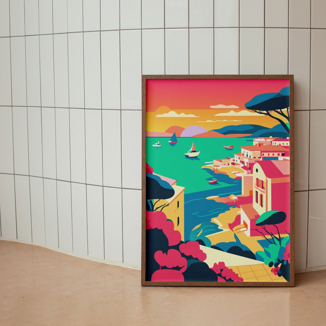 Mediterranean Coast Pink Sunset Sailboats Illustration Poster - Image 2