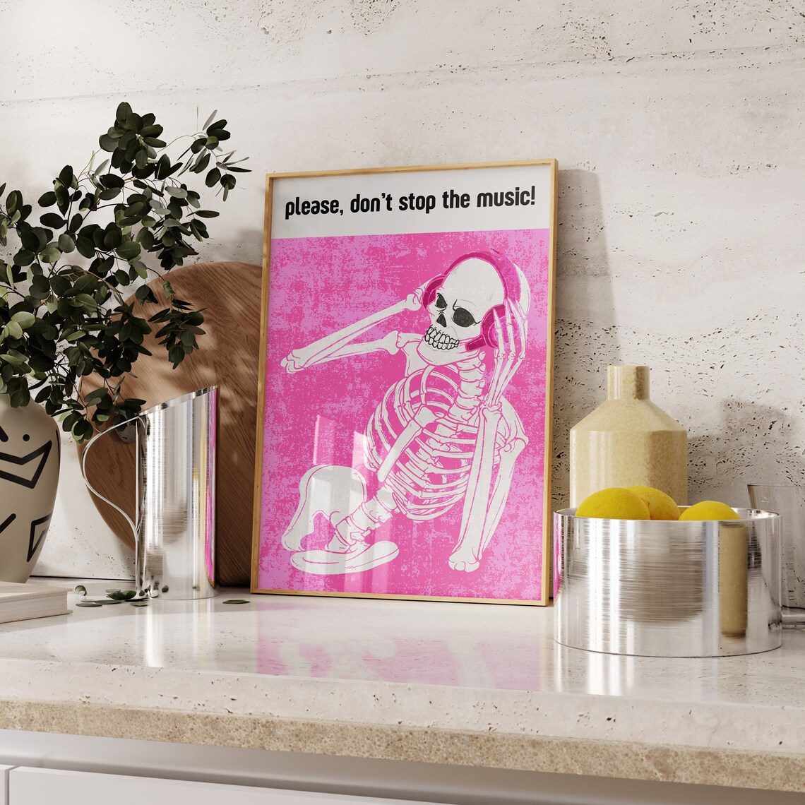 Dont Stop The Music Dancing Skeleton Pink Headphones Party Art Poster - Image 4