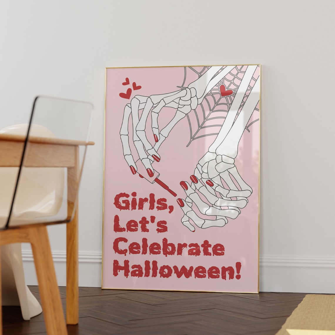 Girls Lets Celebrate Halloween Skeleton Hands Pink Spooky Fun Poster - Image 2