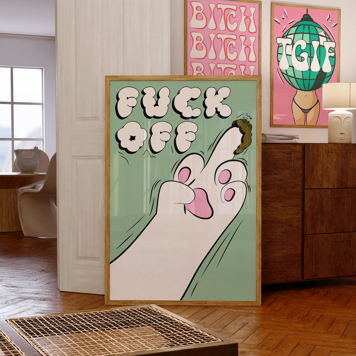 Fuck Off Cartoon Paw Middle Finger Funny Sassy Green Humor Poster - Image 3