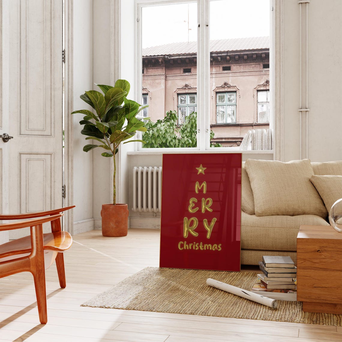 Merry Christmas Gold Balloon Tree Shape Letters Red Holiday Poster - Image 4