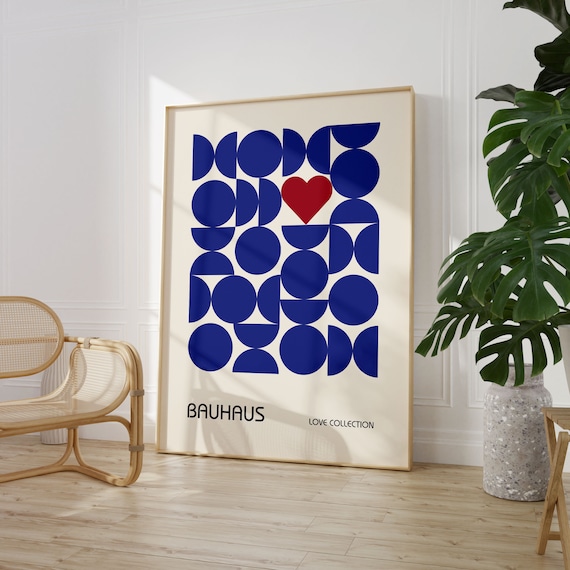 Bauhaus Navy Blue Geometric Love Printable Poster Maximalist Trendy Print Mid Century Modern Living Room Wall Art