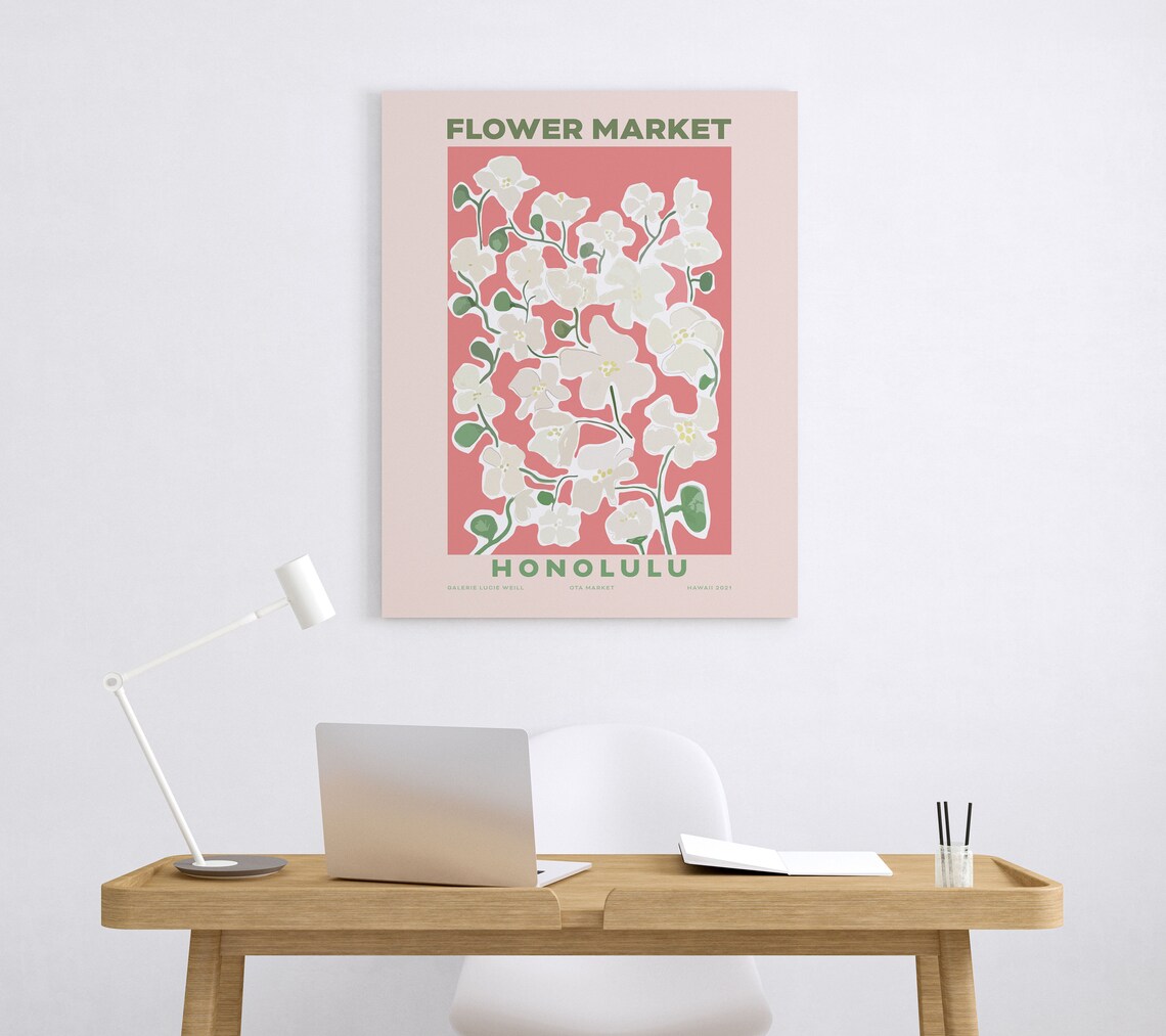 Honolulu Flower Market Poster White Orchids On Coral Tropical Art - Image 2