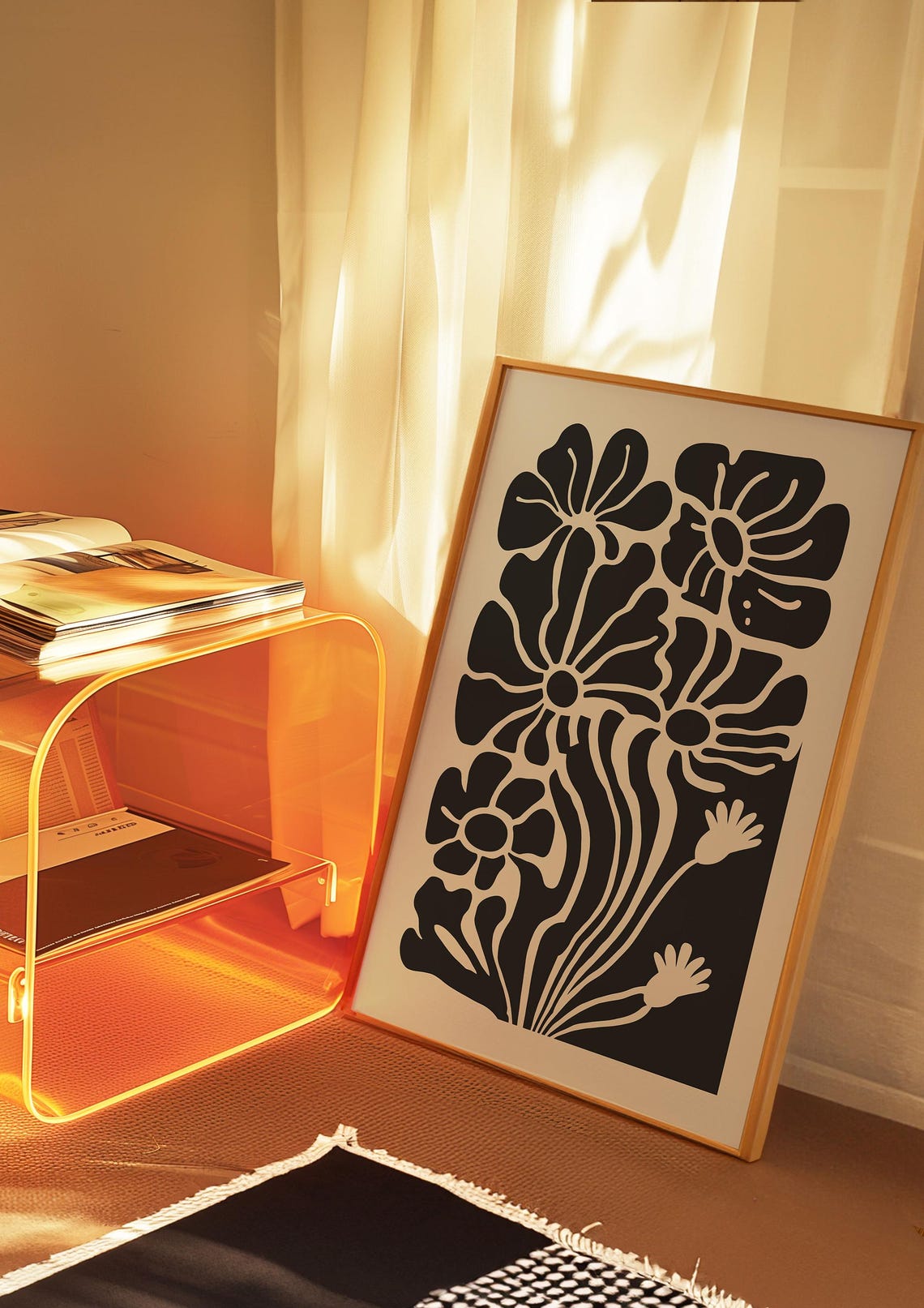 Beige Black Abstract Bloom Silhouette Retro Botanical Art Poster - Image 2