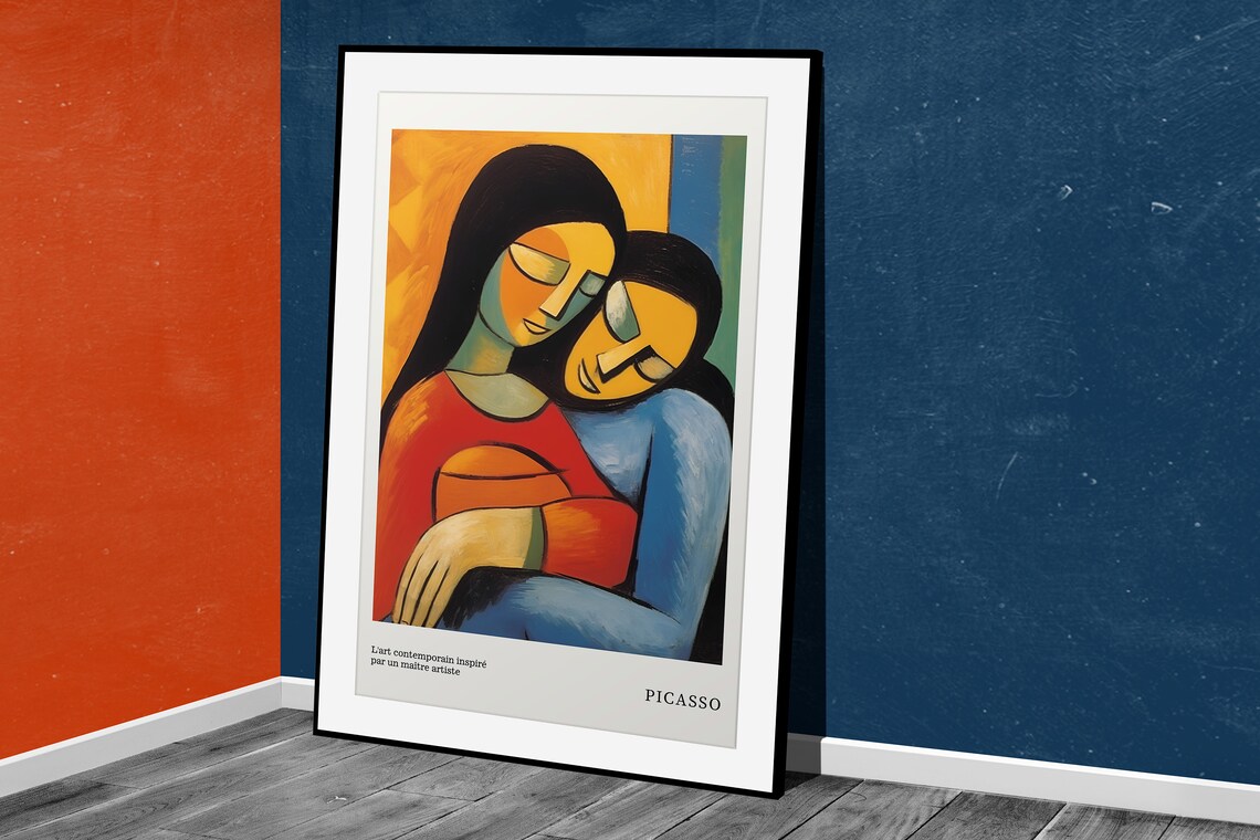 Picasso Style Cubist Embracing Couple Portrait Warm Orange Blue Art Poster - Image 2