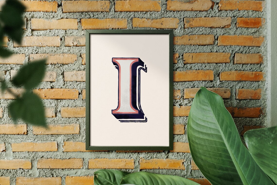 Letter I Navy Coral Deco Alphabet Typography Eclectic Bedroom Decor Poster - Image 5