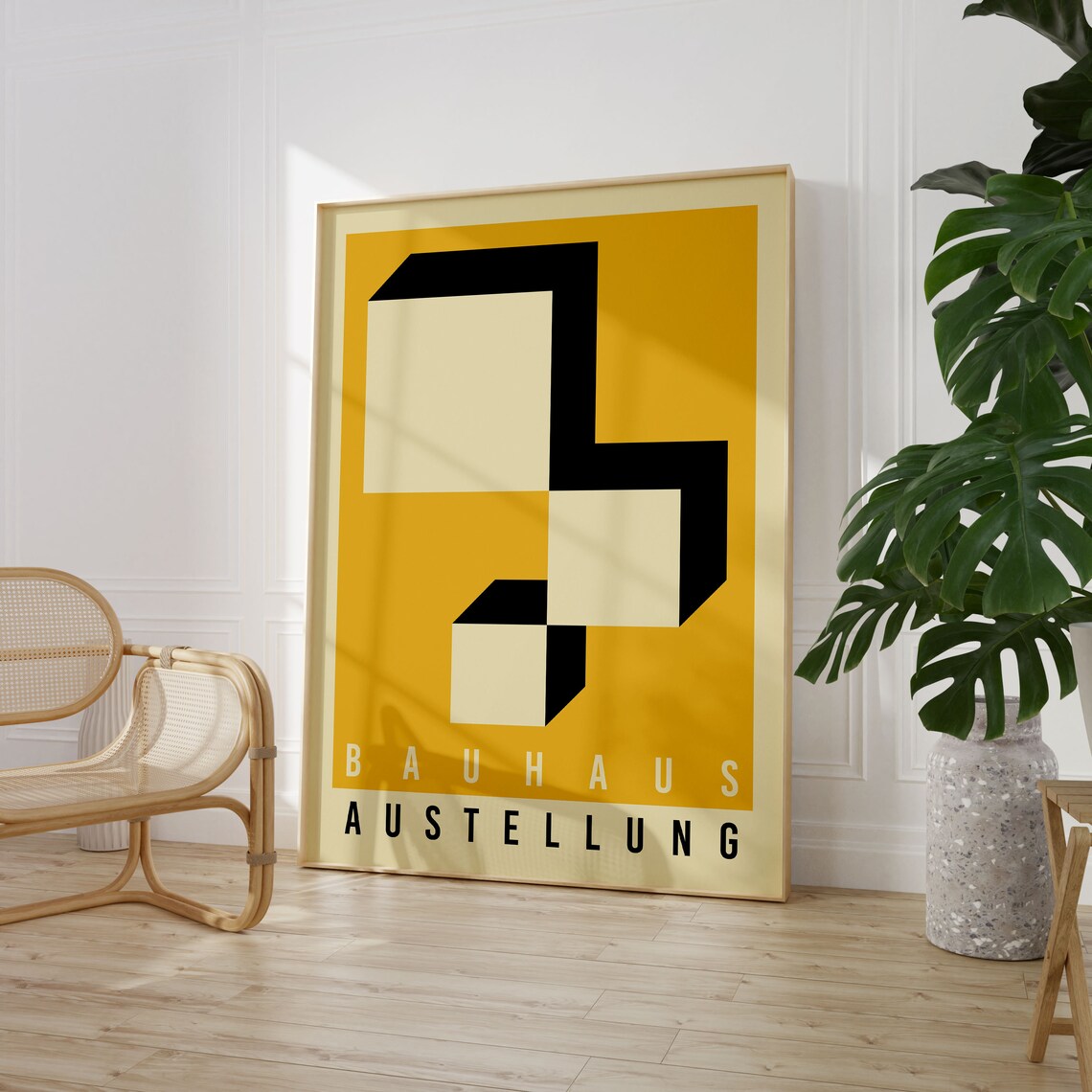 Bauhaus Ausstellung Poster Mustard Yellow Black 3D Geometric Blocks