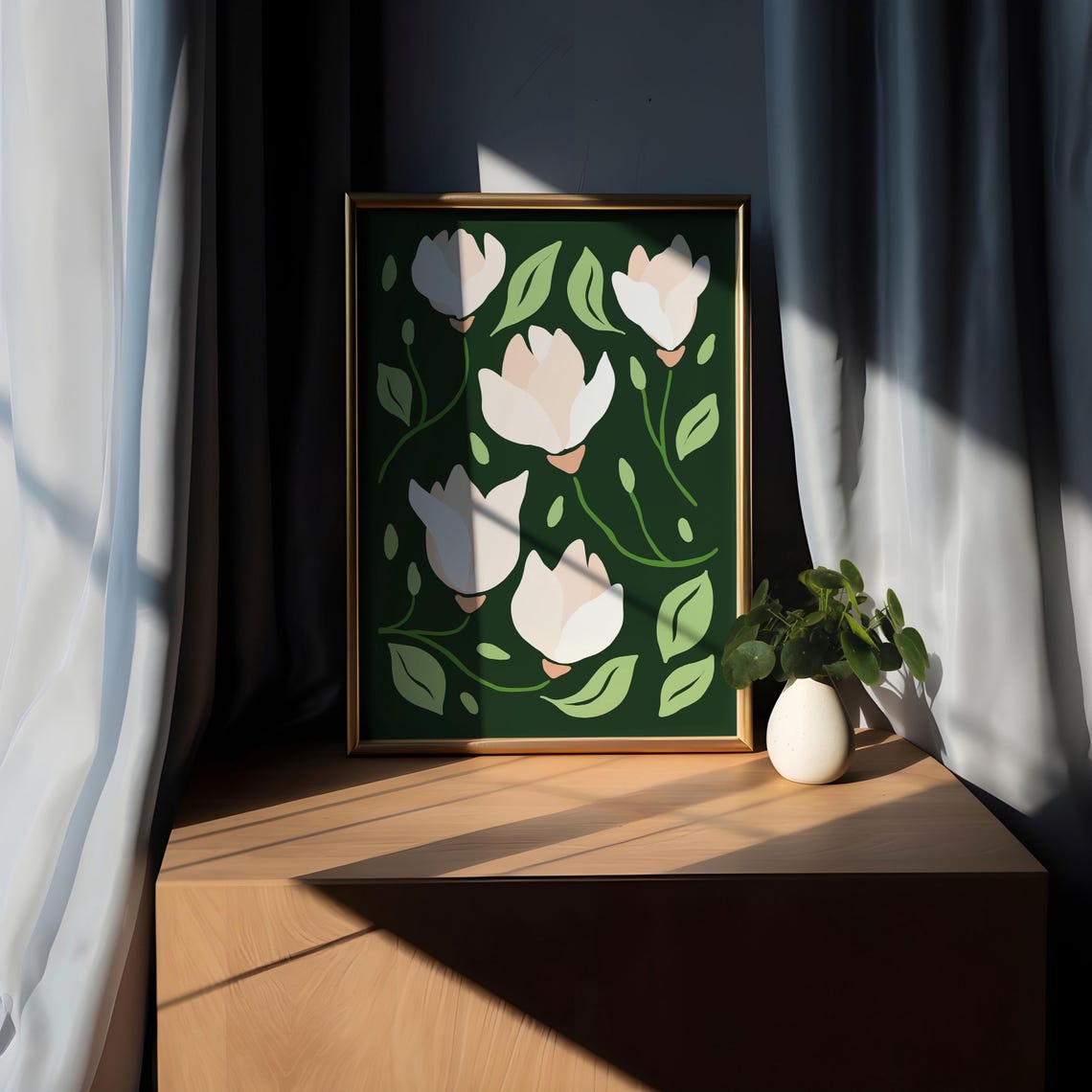 Dramatic White Magnolia Botanical Poster on Dark Green Background - Image 5
