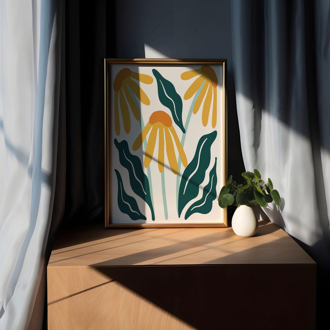 Drooping Daisy Botanical Poster with Mustard Blooms and Teal Leaves - Image 5