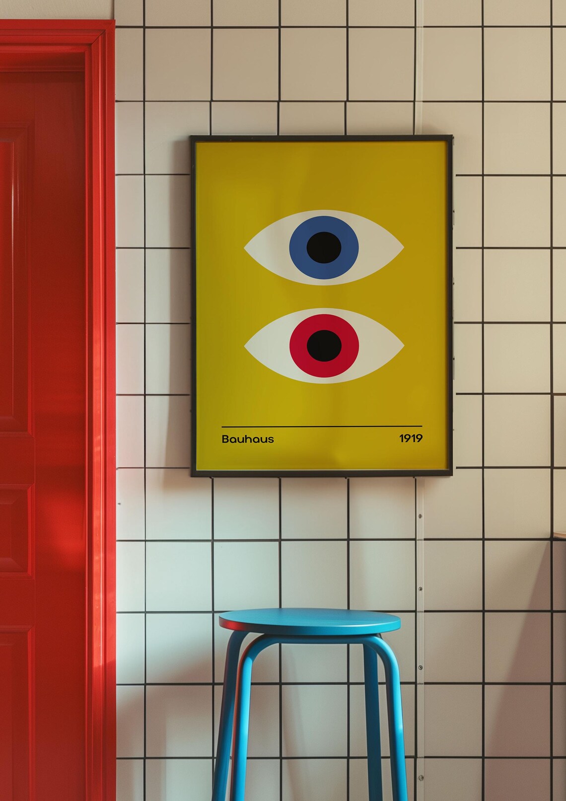 Bauhaus 1919 Double Eye Poster Mustard Yellow Blue and Red Iris - Image 3
