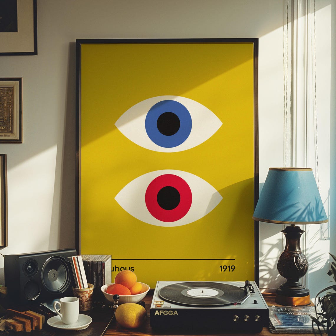 Bauhaus 1919 Double Eye Poster Mustard Yellow Blue and Red Iris - Image 4
