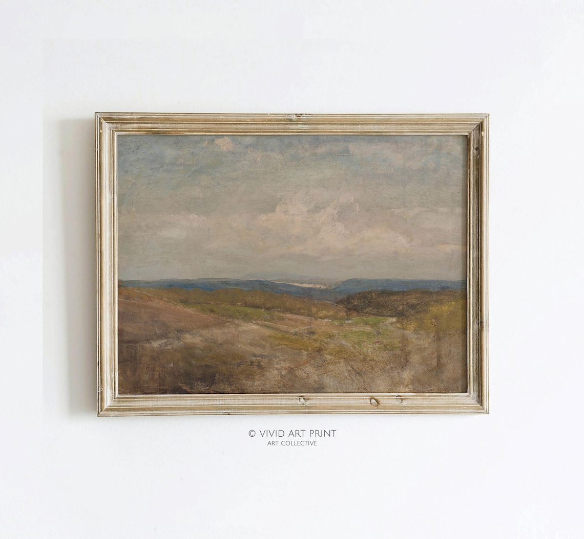 Neutral Rolling Hills Landscape, Vintage Rustic Art Print