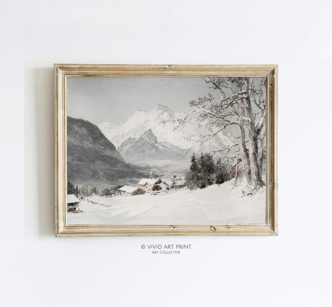 Snowy Alps Landscape Vintage Wall Art Muted Rustic Winter Farmhouse Home Decor Vivid Art Print Ec 091