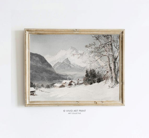 Snowy Alps Landscape Vintage Wall Art Muted Rustic Winter Farmhouse Home Decor Vivid Art Print Ec 091