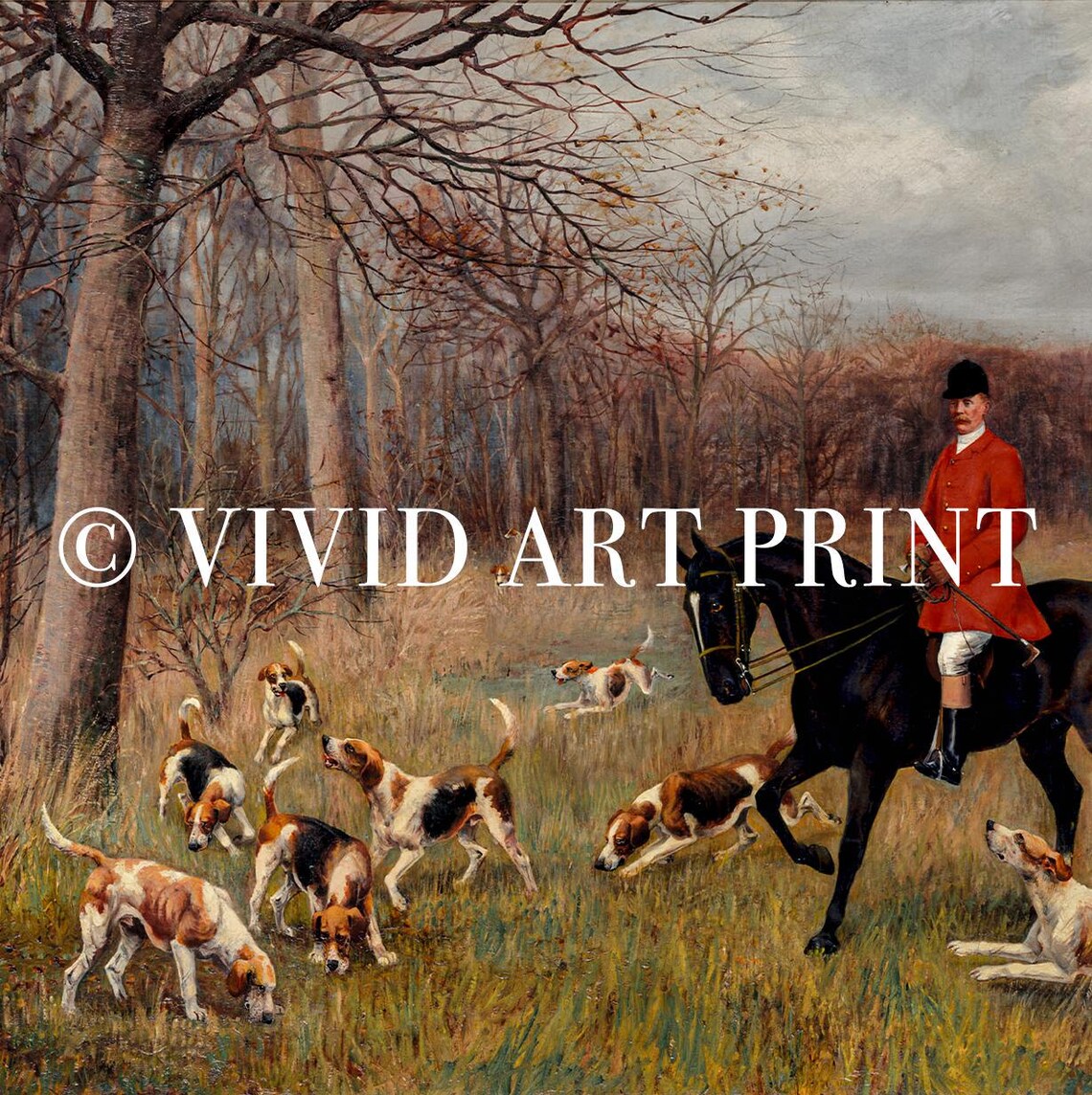 Red Coat Fox Hunter on Horseback with Hounds Vintage Equestrian Poster - Image 4