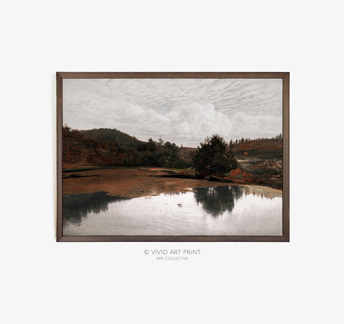 Rustic Autumn Lake Landscape, Vintage Nature Print
