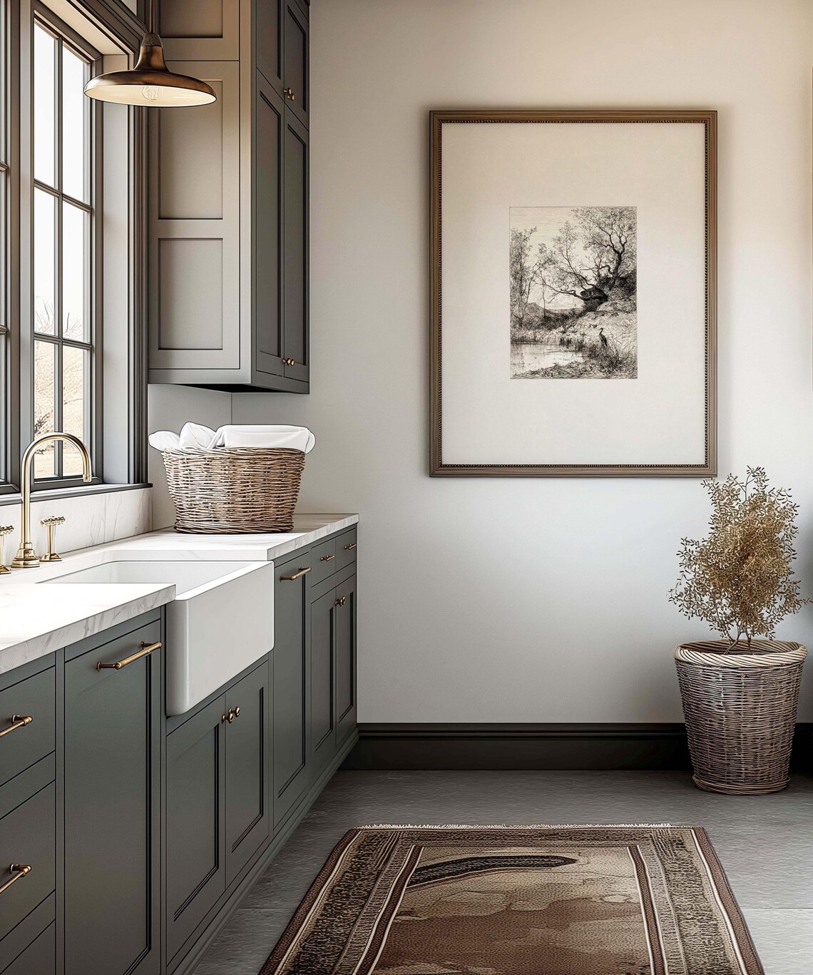 Antique Neutral Farmhouse Drawing A Pond, Art Print - Image 3