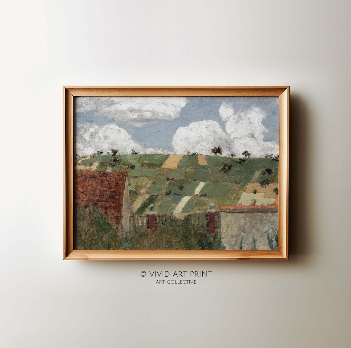 Vintage Cloudy Hills Art Print, Rustic Landscape
