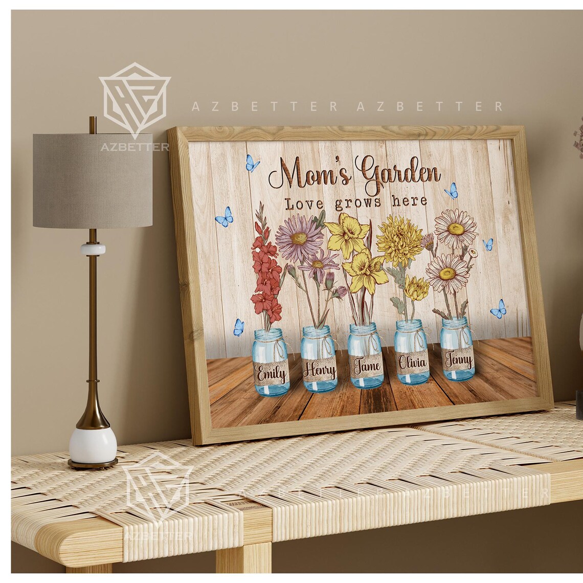 Moms Garden Love Grows Here Birth Flower Mason Jar Family Poster