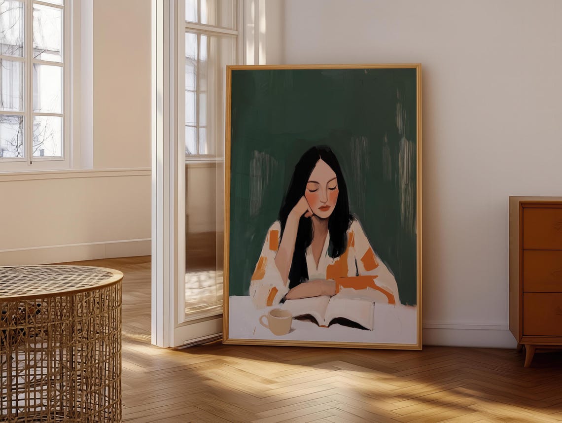Woman Reading at Table With Coffee Cup Green Minimalist Art Poster - Image 6