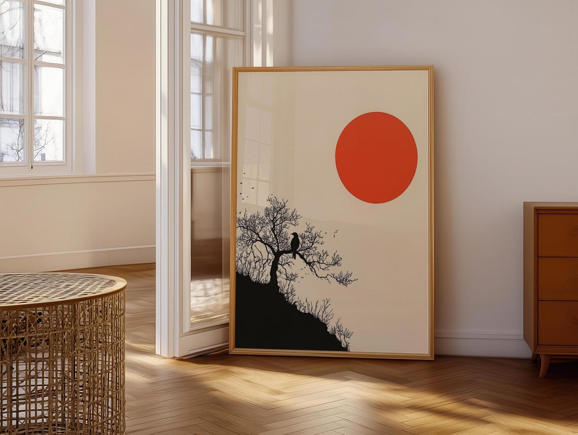 Japanese Red Sun Over a Tree Silhouette with Perched Bird Poster - Image 6