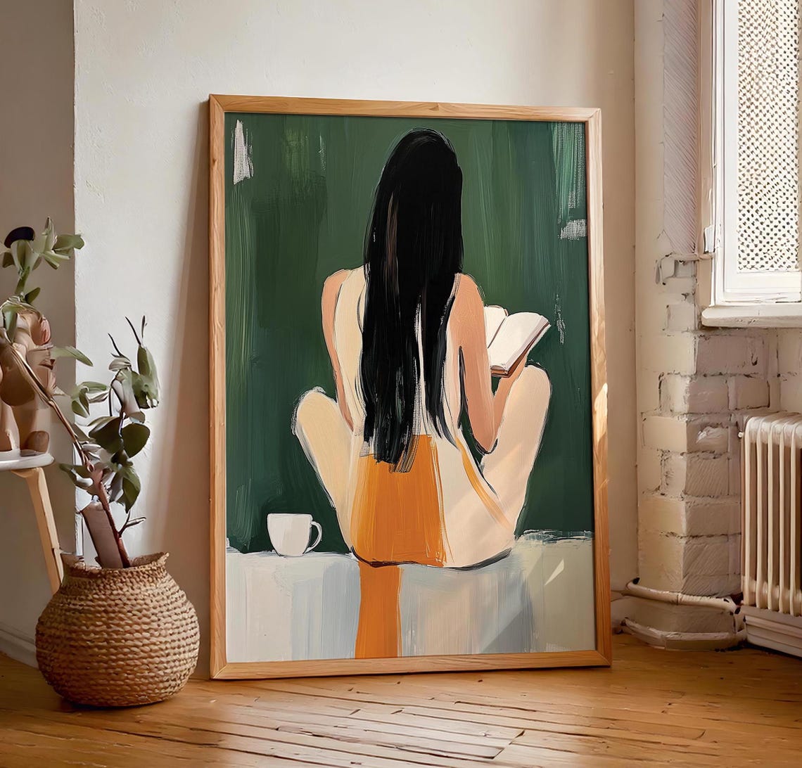 Woman Reading Cross-Legged From Behind Orange Top Minimal Poster