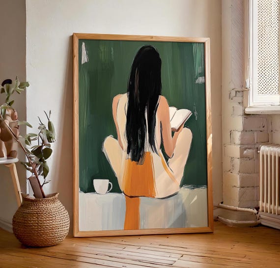 Emerald Green Reading Woman Coffee Abstract Minimalist Print Expressionist Wall Art Retro Vintage Painting Artwork