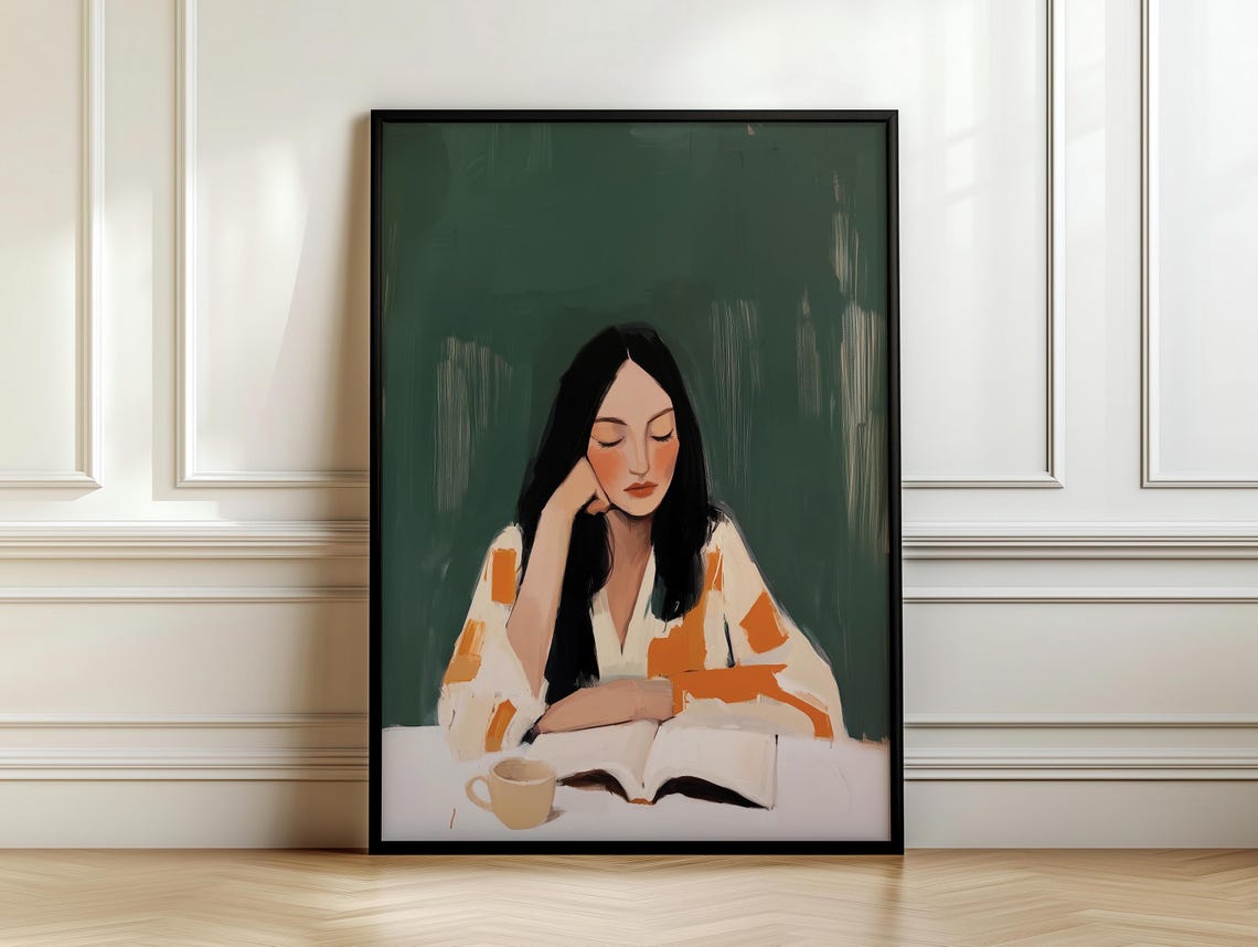 Woman Reading at Table With Coffee Cup Green Minimalist Art Poster - Image 7