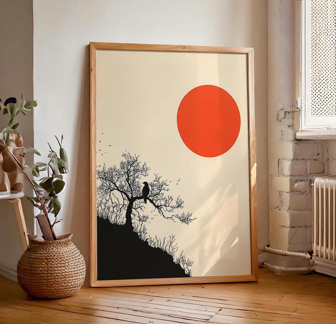 Japanese Red Sun Over a Tree Silhouette with Perched Bird Poster