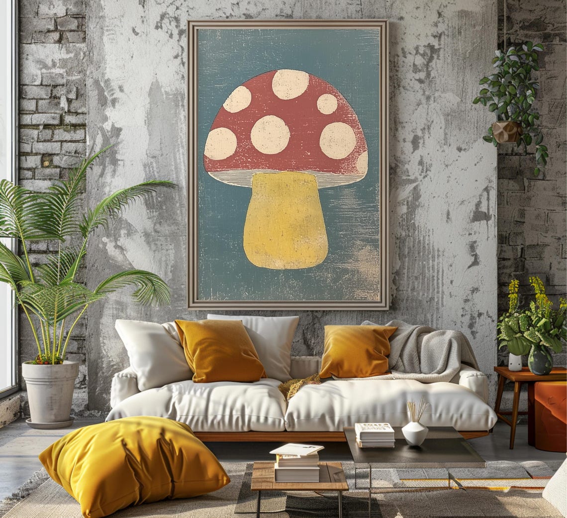 Woodblock Red Spotted Mushroom on Slate Blue Vintage Art Poster - Image 7