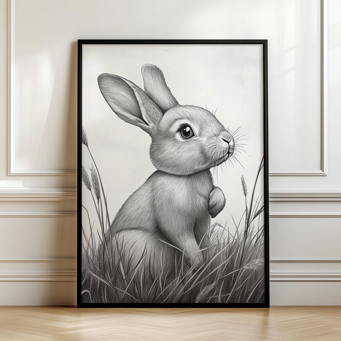Sitting Bunny Looking Up Pencil Drawing Delicate Monochrome Rabbit Sketch Art Poster - Image 7