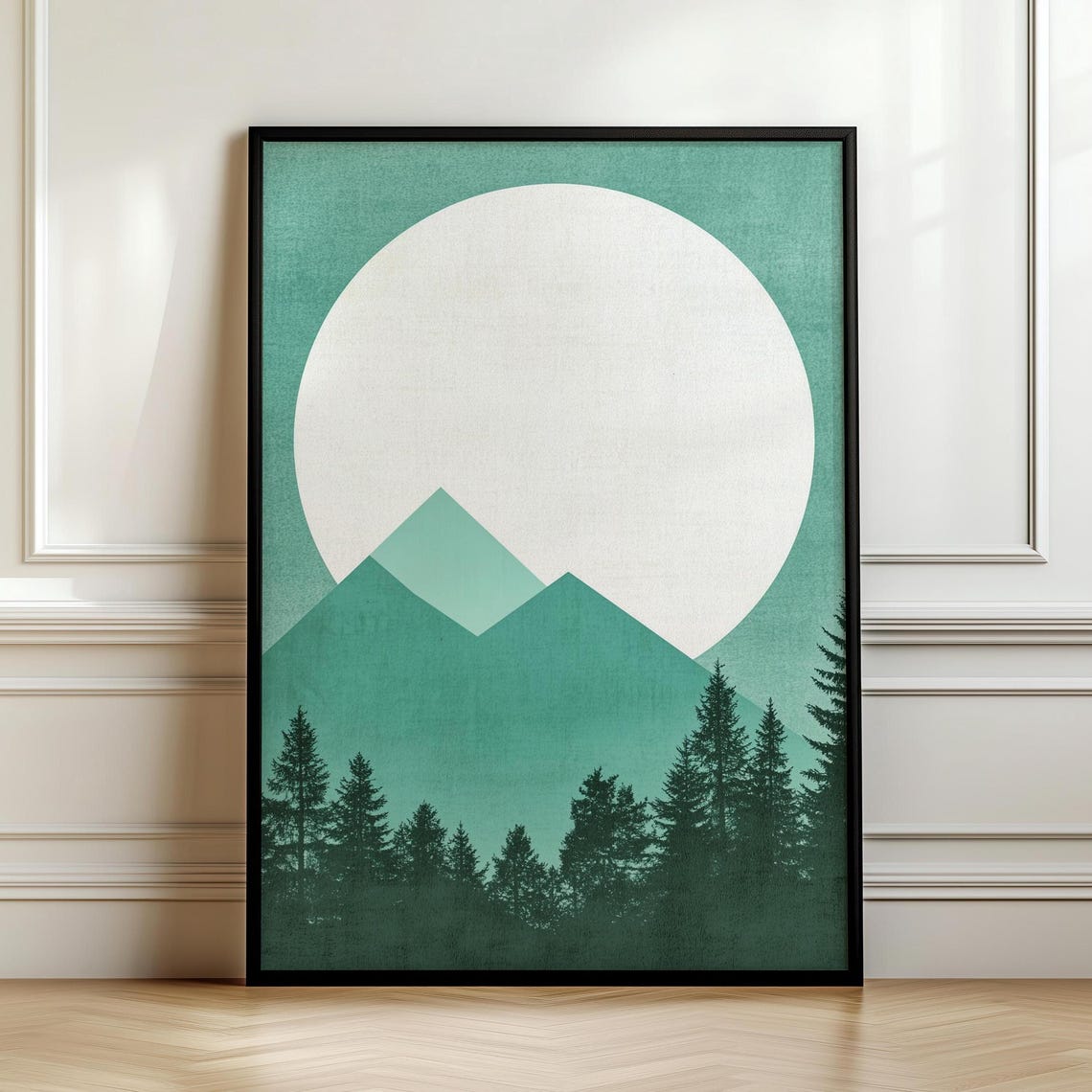 Green Mountain Sun With Pine Silhouettes Minimalist Nature Poster