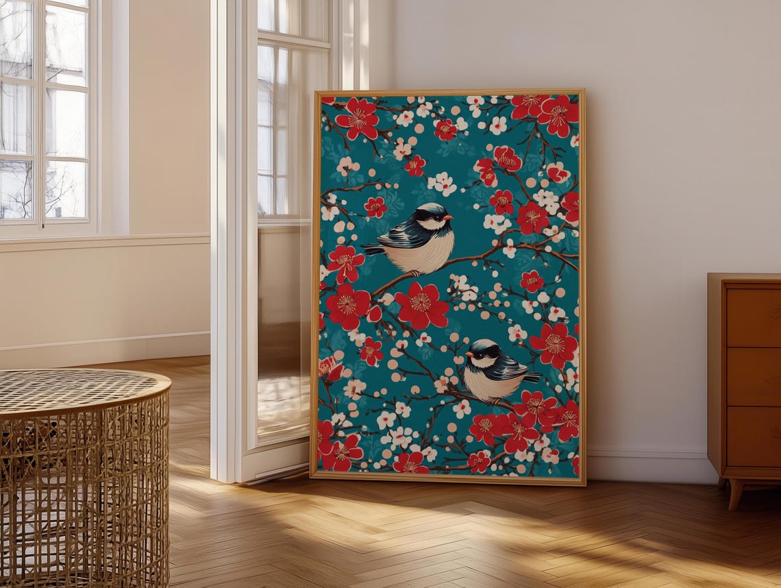 Two Small Birds On Red Blossom Tree Teal Chinoiserie Style Poster - Image 6