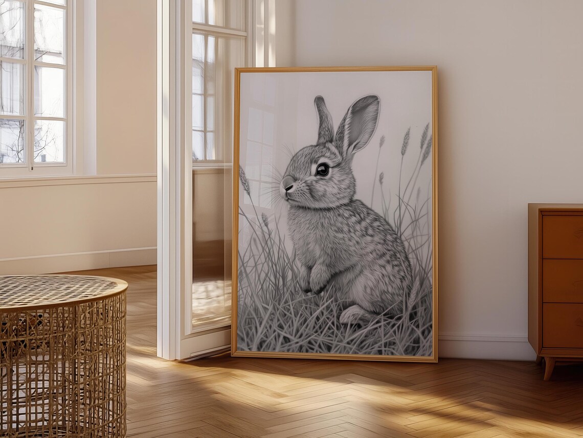 Gray Bunny Pencil Sketch Sitting In Tall Grass Minimalist Woodland Animal Drawing Poster - Image 6