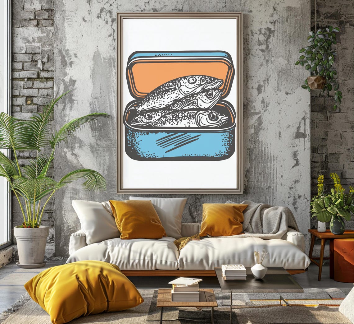 Open Blue Sardine Tin With Retro Fish Illustration Art Poster - Image 7