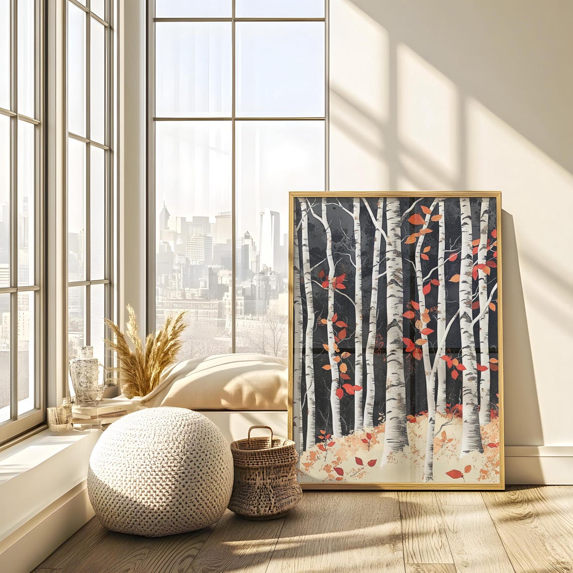 Birch Tree Forest At Night Black Background Red Leaves Poster - Image 3