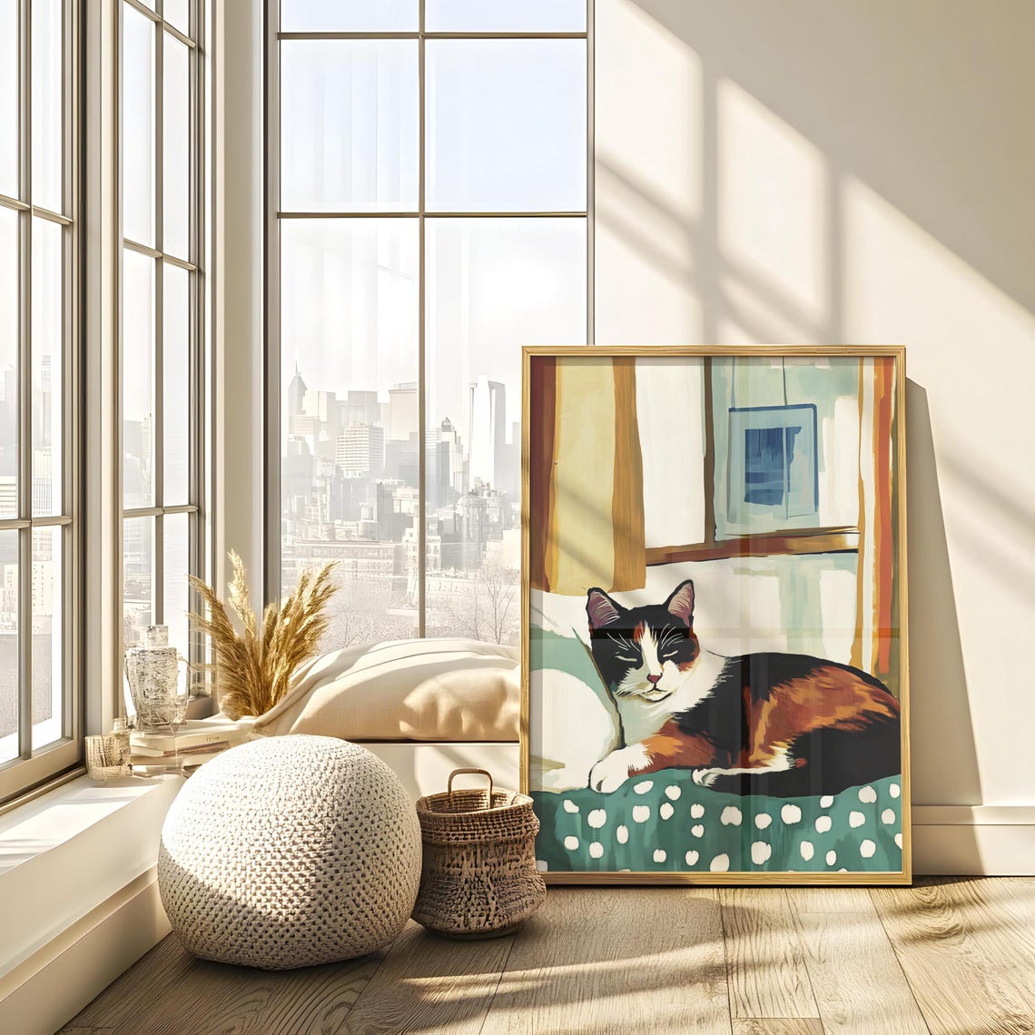 Calico Cat Resting By Window on Polka Dot Bedding Cozy Cat Poster - Image 2