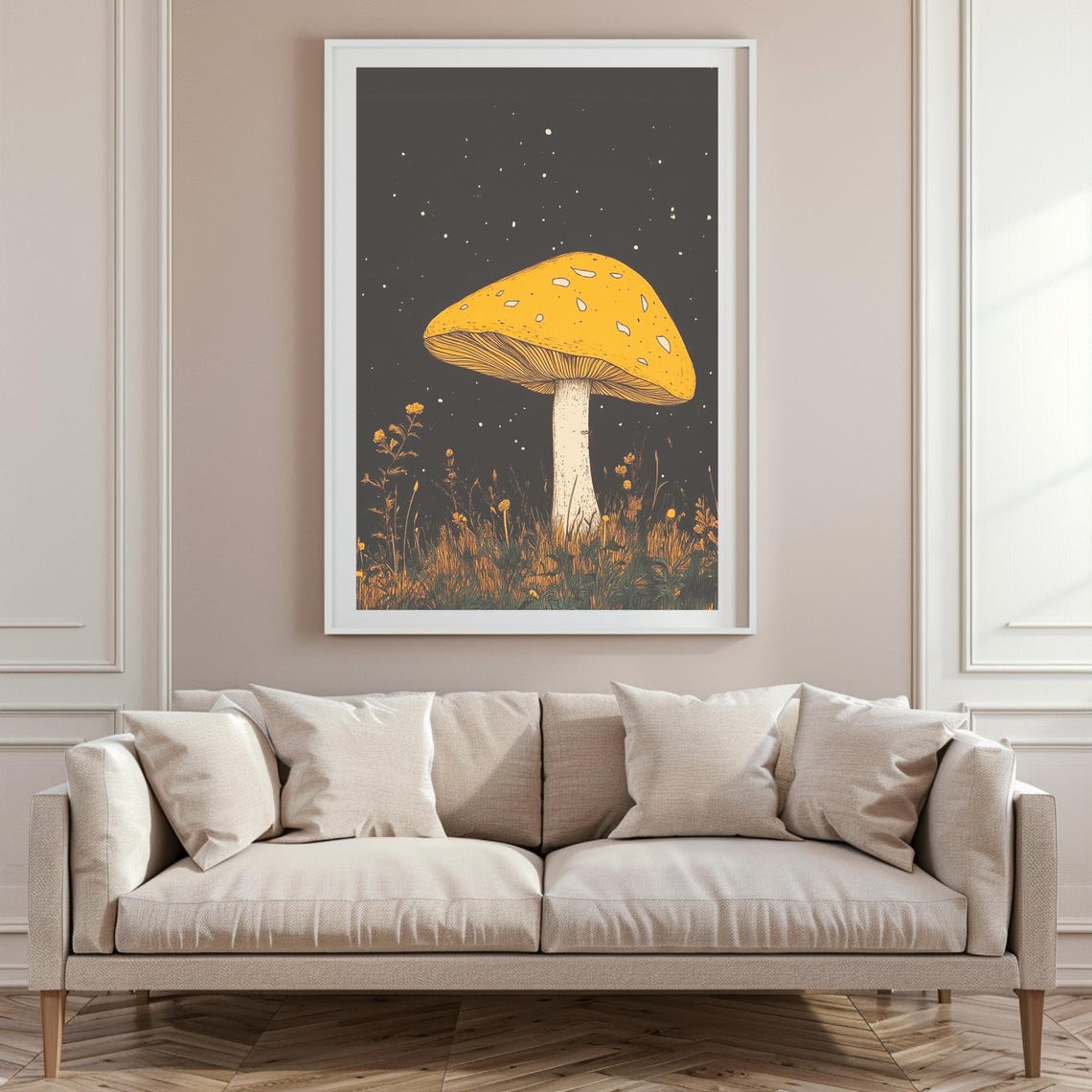 Golden Mushroom Under Starry Night Dark Botanical Art Poster - Image 4