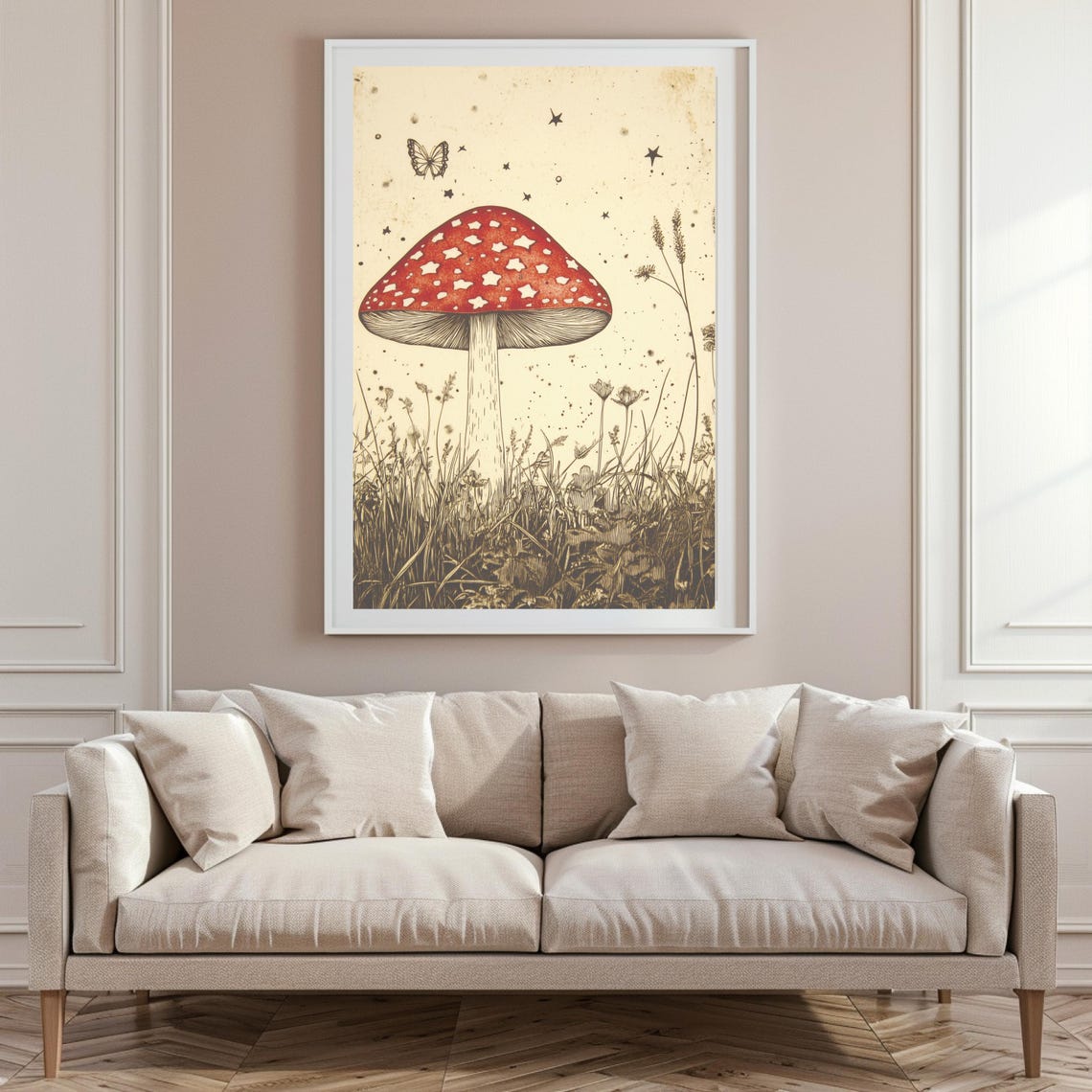 Red Fly Agaric Mushroom in Starry Meadow Vintage Botanical Poster - Image 6