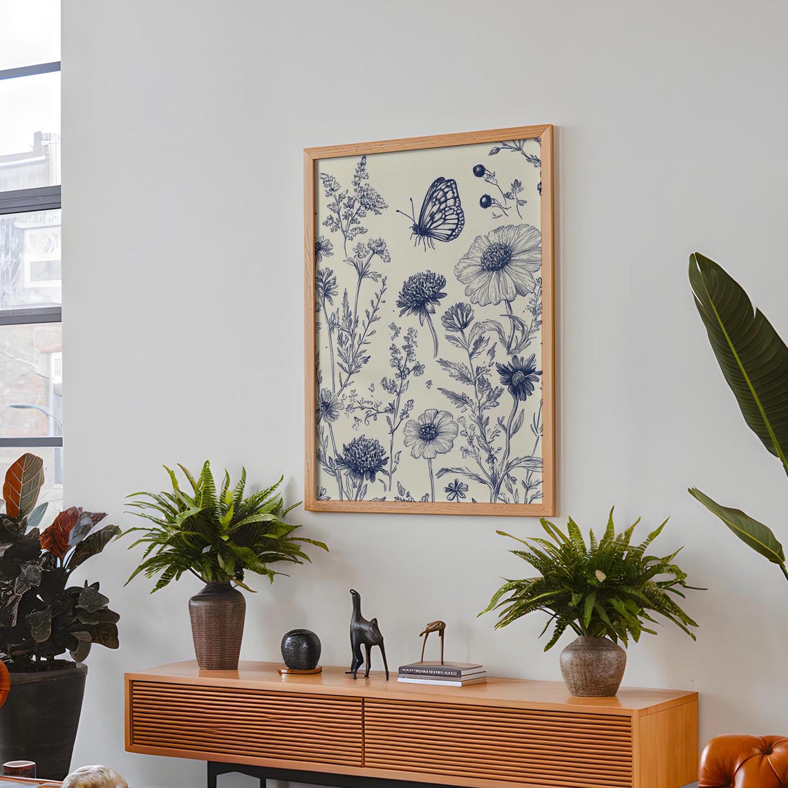 Blue Ink Botanical Sketch with Butterfly Vintage Floral Art Poster - Image 5