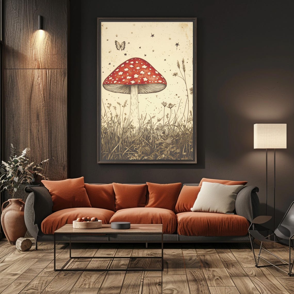 Red Fly Agaric Mushroom in Starry Meadow Vintage Botanical Poster - Image 5
