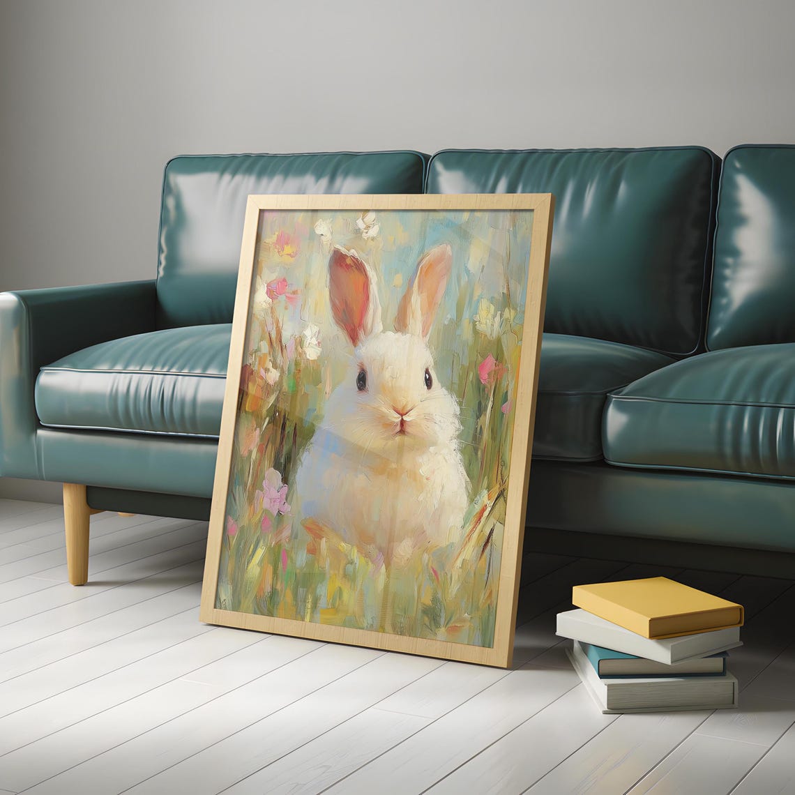 White Bunny in Flower Meadow Soft Impressionist Garden Poster - Image 4