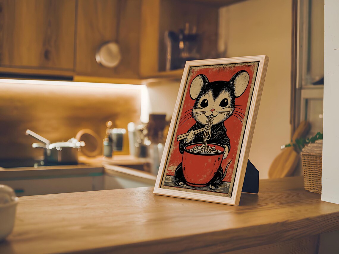Mouse Eating Ramen Noodles, Japandi Minimalist Art Print - Image 5
