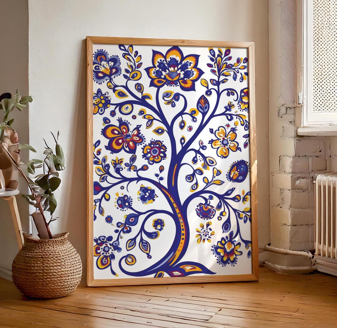 Indigo Blue Ukrainian Folk Tree Of Life Yellow Orange Floral Poster